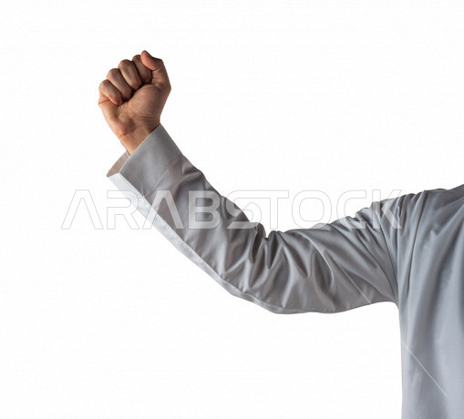 بورتريه ليد رجل خليجي سعودي يقوم بايماءات يد مختلفة ، الصحة والقوة البدنية ، حياة صحية ، قوة جسدية ،خلفية بيضاء