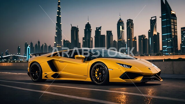 العلامات التجارية الفريدة للسيارات الفاخرة, الفن الهندسي المعماري على الطراز الحديث للأبراج وناطحات السحاب، سيارة فيراري صفراء اللون في إحدى شوارع مدينة دبي, وسائل النقل البرية الحديثة