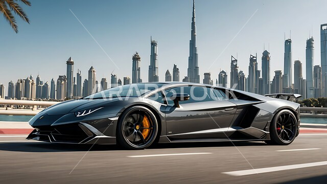 وسائل النقل البرية الحديثة, العلامات التجارية الفريدة للسيارات الفاخرة, الفن الهندسي المعماري على الطراز الحديث للأبراج وناطحات السحاب، سيارة فيراري رمادية اللون في إحدى شوارع مدينة دبي