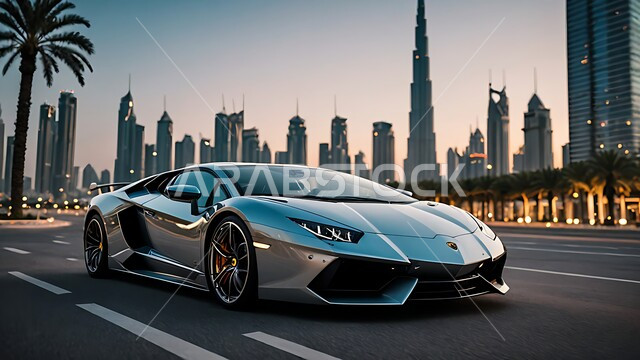 وسائل النقل البرية الحديثة, العلامات التجارية الفريدة للسيارات الفاخرة, الفن الهندسي المعماري على الطراز الحديث للأبراج وناطحات السحاب، سيارة فيراري رمادية اللون في إحدى شوارع مدينة دبي