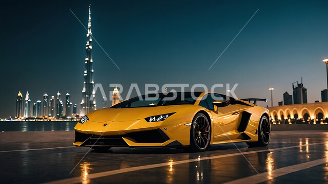 العلامات التجارية الفريدة للسيارات الفاخرة, الفن الهندسي المعماري على الطراز الحديث للأبراج وناطحات السحاب، سيارة فيراري صفراء اللون في إحدى شوارع مدينة دبي, وسائل النقل البرية الحديثة