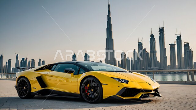 Unique luxury car brands, modern architecture of towers and skyscrapers, yellow Ferrari on a street in Dubai, modern land transportation
