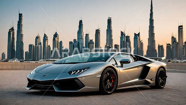 الفن الهندسي المعماري على الطراز الحديث للأبراج وناطحات السحاب، سيارة فيراري رمادية اللون في إحدى شوارع مدينة دبي، وسائل النقل البرية الحديثة, العلامات التجارية الفريدة للسيارات الفاخرة