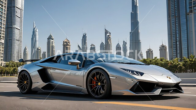 الفن الهندسي المعماري على الطراز الحديث للأبراج وناطحات السحاب، سيارة فيراري رمادية اللون في إحدى شوارع مدينة دبي، وسائل النقل البرية الحديثة, العلامات التجارية الفريدة للسيارات الفاخرة