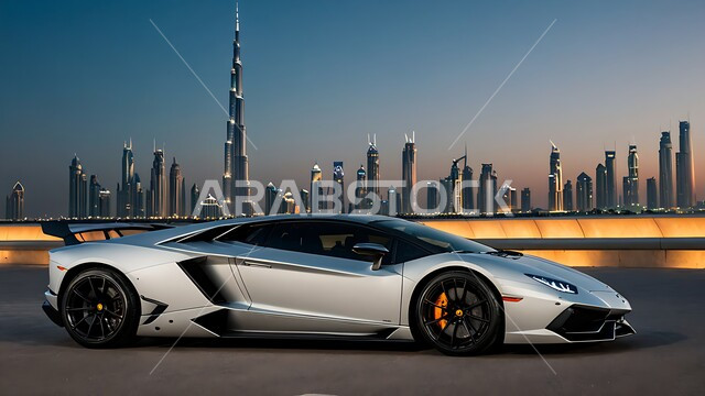 الفن الهندسي المعماري على الطراز الحديث للأبراج وناطحات السحاب، سيارة فيراري رمادية اللون في إحدى شوارع مدينة دبي، وسائل النقل البرية الحديثة, العلامات التجارية الفريدة للسيارات الفاخرة