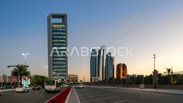 Architectural engineering of towers and skyscrapers in Abu Dhabi, famous landmarks and tourist places, residential and commercial buildings and facilities in the United Arab Emirates, attracting and attracting tourists from all over the world, urban growth and development on the Gulf coast