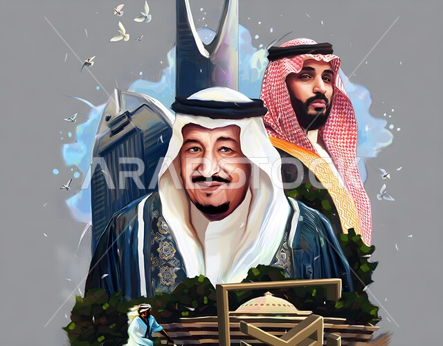 يوم بدينا ١٧٢٧م, الاحتفال بالأعياد والمناسبات الوطنية، اليوم الوطني السعودي٢٣ سبتمبر، لوحة فنية للملك سلمان وولي العهد الأمير محمد بن سلمان، معالم المملكة العربية السعودية المشهورة، ذكرى تأسيس الدولة السعودية الأولى٢٢فبراير