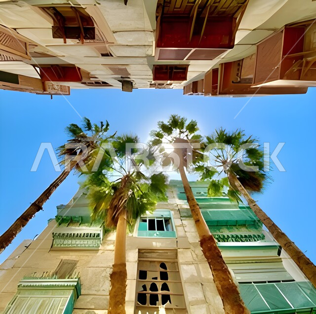 النوافذ والأبواب المصنوعة من الخشب، صورة من الاسفل لأشجار النخيل الخضراء، معالم تاريخية مشهورة في المملكة العربية السعودية, المباني التراثية في مدينة جدة في النهار، الفن الهنسي المعماري على الطراز القديم, أماكن جذب واستقطاب السياح من شتى أنحاء العالم