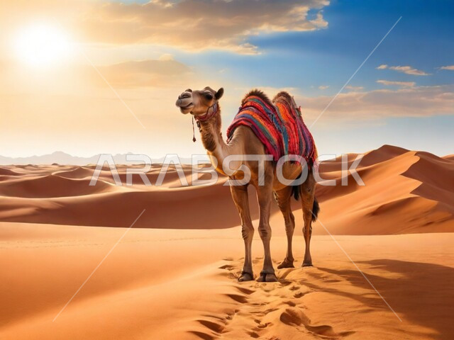 Camel and camel breeding in the nature reserves in the Kingdom of Saudi Arabia, a purebred Arabian camel walking on the soft golden sands in the middle of the desert during the day, hills and sand dunes, care and attention to livestock and mammals in the deserts