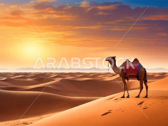 تربية الجمال والابل في المحميات الطبيعية في المملكة العربية السعودية ، جمل عربي أصيل يمشي على الرمال الذهبية الناعمة وسط الصحراء في النهار، التلال و الكثبان الرملية، الاهتمام ورعاية المواشي والثدييات في الصحاري