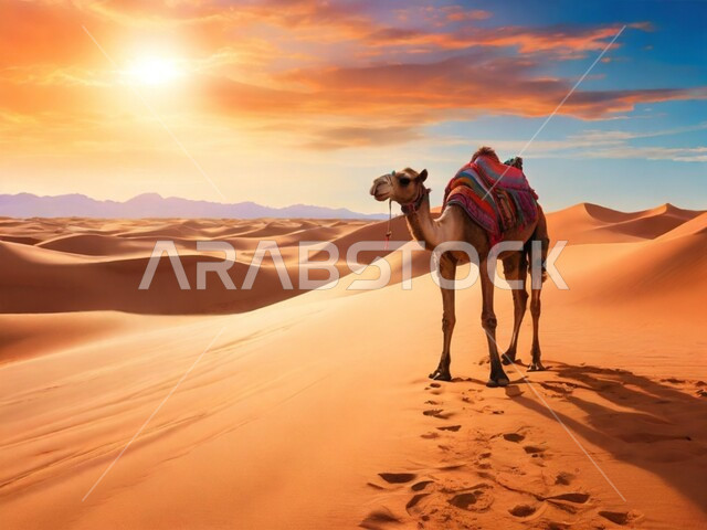 Purebred Arabian camel walking on soft golden sand in the middle of the desert during the day, care and maintenance of livestock and mammals in the desert, camel and camel breeding in nature reserves in the Kingdom of Saudi Arabia, hills and sand dunes