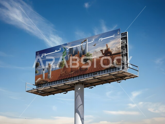 اليوم الوطني السعودي 23 سبتمبر، يوم بدينا 1727 م، اعياد ومناسبات وطنية، ذكرى تاسيس الدولة السعودية الاولى، اللوحات الإعلانية المعلقة في الطرقات، لافتة اعلانية عن يوم التأسيس, ابراج ومعالم المملكة العربية السعودية، خلفية السماء الزرقاء الممتلئة بالسحب