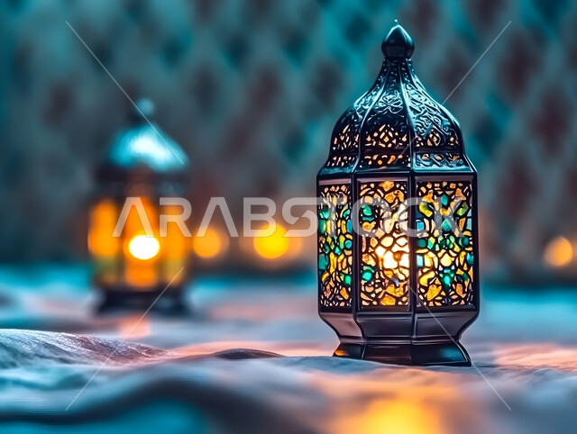 تحف وفوانيس وديكورات تقليدية للاحتفال بقدوم شهر رمضان المبارك، العادات والتقاليد العربية في زينة الأعياد والمناسبات الدينية، فانوس عربي معدني مزخرف وملون مضيء، أجواء رمضانية وروحانية إسلامية