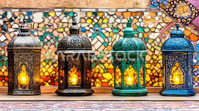 تحف وفوانيس وديكورات تقليدية للاحتفال بقدوم شهر رمضان المبارك، العادات والتقاليد العربية في زينة الأعياد والمناسبات الدينية، فانوس عربي معدني مزخرف وملون مضيء، أجواء رمضانية وروحانية إسلامية