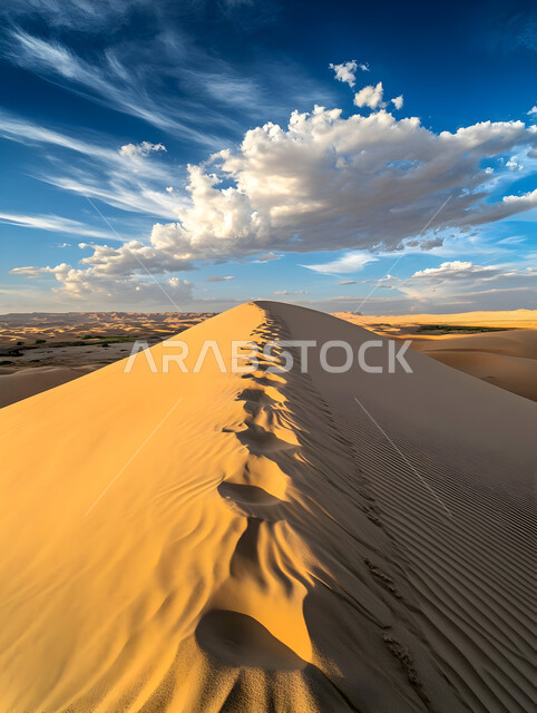 الكثبان والتلال الرملية، منظر الغيوم في السماء، الرمال الناعمة الذهبية في صحراء المملكة العربية السعودية، مناطق البادية والبيئة الصحراوية في النهار، المناظر الطبيعية المتميزة