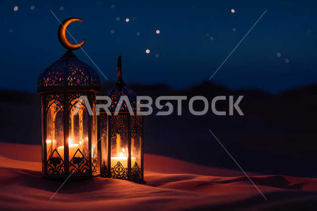 الزينة التقليدية في رمضان المبارك، صورة مقربة لفانوس معدني مضيء وسط الرمال الذهبية الناعمة في الصحراء ليلا، الأماكن والمناطق الطبيعية الصحراوية، الأنوار والديكورات في الأجواء الرمضانية الروحانية، الاستعداد لاستقبال شهر الخير