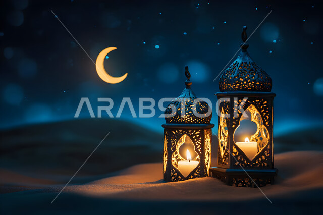 الاستعداد لاستقبال شهر الخير، الزينة التقليدية في رمضان المبارك، صورة مقربة لفوانيس معدنية مضيئة وسط الرمال الذهبية الناعمة في الصحراء ليلا، منظر الهلال في السماء، الأماكن والمناطق الطبيعية الصحراوية، الأنوار والديكورات في الأجواء الرمضانية الروحانية