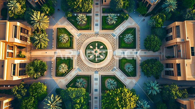 الاهتمام في زراعة النباتات الخضراء و التشجير, مفهوم التعليم العالي في المملكة, الحدائق و المباني على الطراز العربي التقليدي في النهار, صورة علوية عامودية للفن الهندسي المعماري للجامعات في السعودية