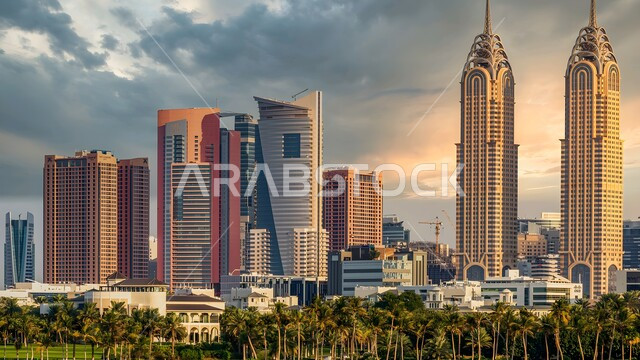 Emirati urban development and progress, modern and advanced architectural engineering art for building towers and skyscrapers in the United Arab Emirates, the tourist facade on the coast of the Arabian Gulf, areas of attraction and attracting visitors from all over the world, tourism in Dubai