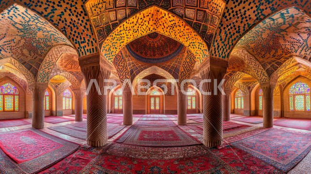 Elegant interior designs and decorations for mosques, decorations and engravings for columns and arches in the Islamic style, architectural engineering art for the corridor of an ancient Arab mosque, the concept of worship and getting closer to God Almighty.