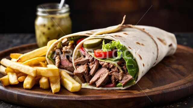 Eastern Arabic cuisine, meat shawarma sandwich with fresh vegetables and potatoes, delicious fast food meals, presentation arts in restaurants and kitchens in the Kingdom of Saudi Arabia, recipes and distinct foods.