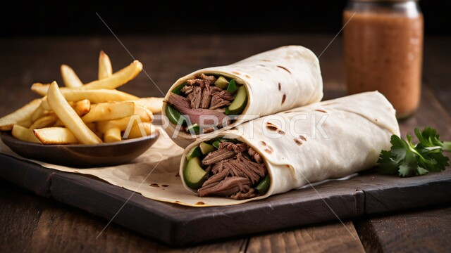 المأكولات العربية الشرقية، ساندويش شاورما اللحم مع الخضراوات الطازجة والبطاطس، وجبات الطعام السريعة الشهية، فنون التقديم في مطاعم وطابخ المملكة العربية السعودية، وصفات وأطعمة متميزة