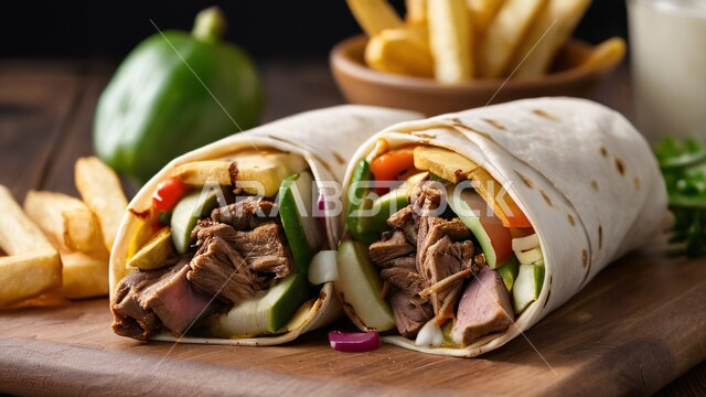 المأكولات العربية الشرقية، ساندويش شاورما اللحم مع الخضراوات الطازجة والبطاطس، وجبات الطعام السريعة الشهية، فنون التقديم في مطاعم وطابخ المملكة العربية السعودية، وصفات وأطعمة متميزة