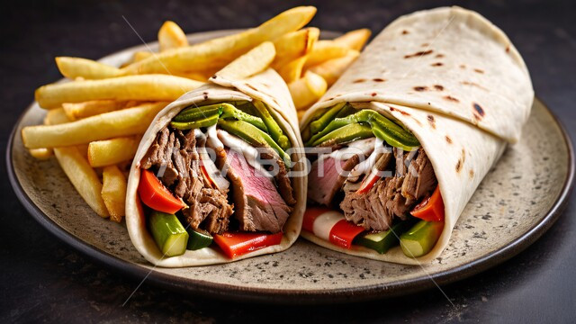 المأكولات العربية الشرقية، ساندويش شاورما اللحم مع الخضراوات الطازجة والبطاطس، وجبات الطعام السريعة الشهية، فنون التقديم في مطاعم وطابخ المملكة العربية السعودية، وصفات وأطعمة متميزة