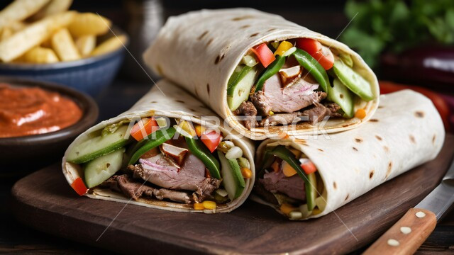 Eastern Arabic cuisine, meat shawarma sandwich with fresh vegetables and potatoes, delicious fast food meals, presentation arts in restaurants and kitchens in the Kingdom of Saudi Arabia, recipes and distinct foods.