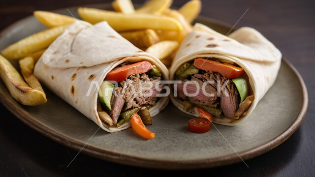 المأكولات العربية الشرقية، ساندويش شاورما اللحم مع الخضراوات الطازجة والبطاطس، وجبات الطعام السريعة الشهية، فنون التقديم في مطاعم وطابخ المملكة العربية السعودية، وصفات وأطعمة متميزة