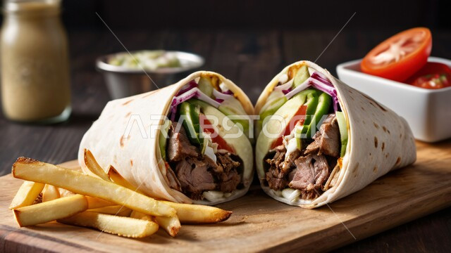 المأكولات العربية الشرقية، ساندويش شاورما اللحم مع الخضراوات الطازجة والبطاطس، وجبات الطعام السريعة الشهية، فنون التقديم في مطاعم وطابخ المملكة العربية السعودية، وصفات وأطعمة متميزة