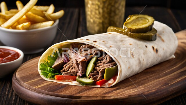 المأكولات العربية الشرقية، ساندويش شاورما اللحم مع الخضراوات الطازجة والبطاطس، وجبات الطعام السريعة الشهية، فنون التقديم في مطاعم وطابخ المملكة العربية السعودية، وصفات وأطعمة متميزة