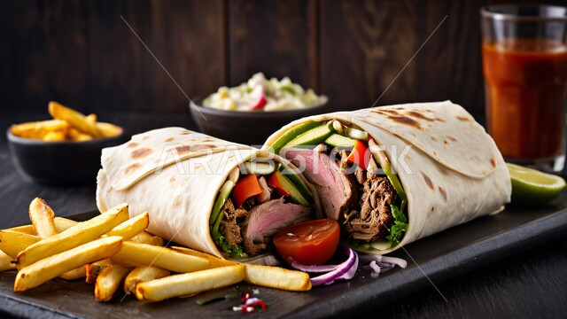 المأكولات العربية الشرقية، ساندويش شاورما اللحم مع الخضراوات الطازجة والبطاطس، وجبات الطعام السريعة الشهية، فنون التقديم في مطاعم وطابخ المملكة العربية السعودية، وصفات وأطعمة متميزة