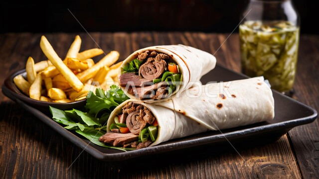 المأكولات العربية الشرقية، ساندويش شاورما اللحم مع الخضراوات الطازجة والبطاطس، وجبات الطعام السريعة الشهية، فنون التقديم في مطاعم وطابخ المملكة العربية السعودية، وصفات وأطعمة متميزة