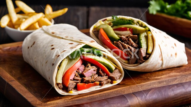 Eastern Arabic cuisine, meat shawarma sandwich with fresh vegetables and potatoes, delicious fast food meals, presentation arts in restaurants and kitchens in the Kingdom of Saudi Arabia, recipes and distinct foods.