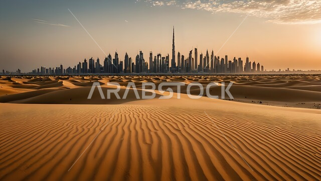 الرمال الذهبية الناعمة في مدينة دبي، التكوينات والتشكيلات الرملية في صحراء الامارات العربية المتحدة، مفهوم التطور الهندسي والعمراني في دول الخليج العربي, منظر السماء  في وقت الغروب, خلفية الأبراج وناطحات السحاب المشهورة