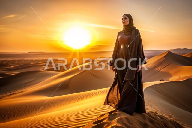 البيئة الصحراوية في المملكة العربية السعودية, التشكيلات والتكوينات الرملية في الصحراء, أماكن المغامرات والرحلات السياحية الممتعة, إمرأة عربية خليجية سعودية ترتدي فستان أسود تنظر إلى شيء ما بإيماءات التأمل