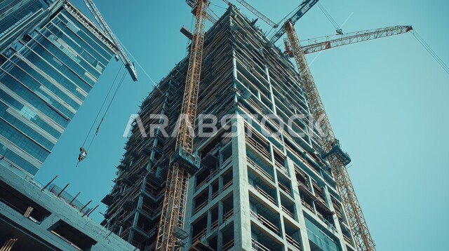اعمال البناء وصب الخرسانات ووضع الأساسات، موقع بناء مزدحم بالآلات والمعدات الثقيلة والرافعات والسقالات العالية, مبنى قيد الانشاء في المملكة العربية السعودية, مفهوم الهندسة الانشائية والمعمارية، تنفيذ مخطط الإعمار وتشكيل الهيكل المعدني