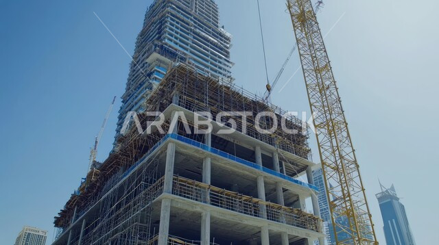 Construction work, pouring concrete and laying foundations, a construction site crowded with machinery, heavy equipment, cranes and high scaffolding, a building under construction in the Kingdom of Saudi Arabia, the concept of structural and architectural engineering, implementing the reconstruction plan and forming the metal structure