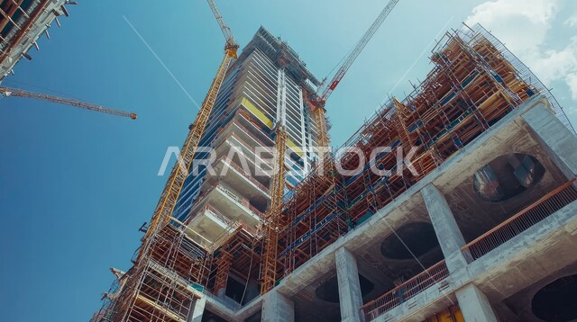 اعمال البناء وصب الخرسانات ووضع الأساسات، موقع بناء مزدحم بالآلات والمعدات الثقيلة والرافعات والسقالات العالية, مبنى قيد الانشاء في المملكة العربية السعودية, مفهوم الهندسة الانشائية والمعمارية، تنفيذ مخطط الإعمار وتشكيل الهيكل المعدني