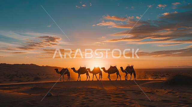 وسيلة للتنقل في صحراء البادية العربية قديما، تربية الإبل في المحميات الطبيعية بالمناطق الصحراوية، نوق أصيلة تتنقل على الكثبان الرملية في صحاري المملكة العربية السعودية أثناء الغروب، قافلة من الجمال تسير في الصحراء, تشكلات الرمال الذهبية في الخليج العربي