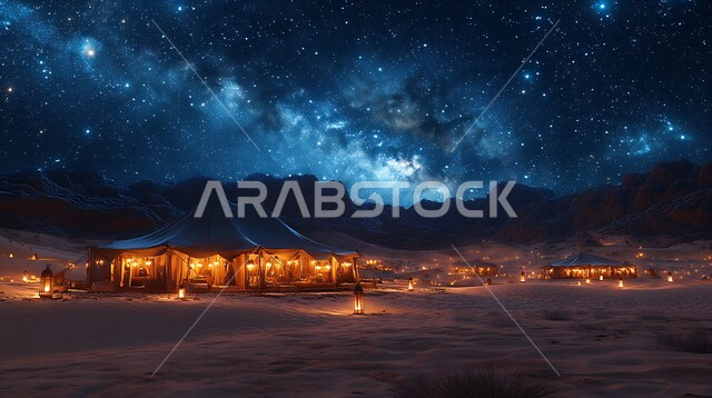 خيمة بدوية شعبية مضاءة بالفوانيس المعدنية وسط الصحراء، التضاريس والرمال الذهبية الناعمة في وقت الليل، التخييم في صحاري المملكة العربية السعودية, مخيمات سياحية في المناطق البرية، منظر السماء اللامعة بالنجوم، كشتة و جلسة بر شبابية
