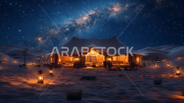 خيمة بدوية شعبية مضاءة بالفوانيس المعدنية وسط الصحراء، التضاريس والرمال الذهبية الناعمة في وقت الليل، التخييم في صحاري المملكة العربية السعودية, مخيمات سياحية في المناطق البرية، منظر السماء اللامعة بالنجوم، كشتة و جلسة بر شبابية