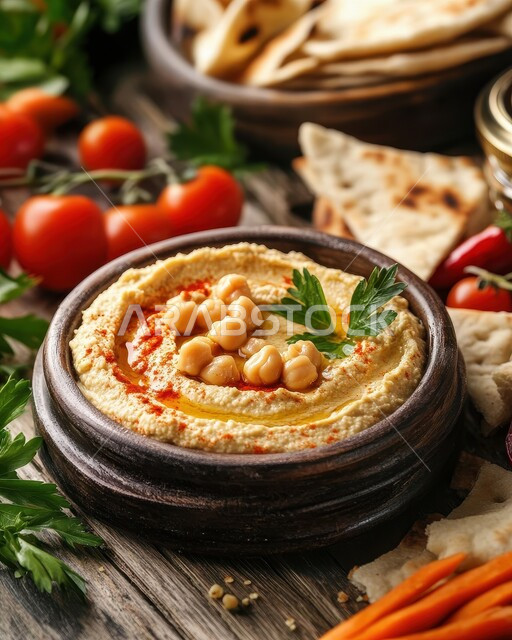 وجبات الإفطار الصحية الشهية في المطاعم الشرقية، أصناف المقبلات الشعبية، اطباق الحمص المطحون المزين بالبقدونس والزيت، مأكولات عربية تقليدية شعبية، وصفات الطعام الغنية بالحبوب والبروتينات