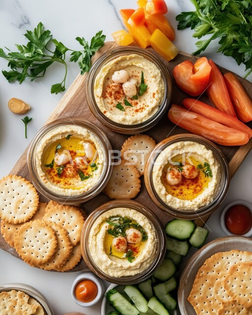 وجبات الإفطار الصحية الشهية في المطاعم الشرقية، أصناف المقبلات الشعبية، اطباق الحمص المطحون المزين بالبقدونس والزيت، مأكولات عربية تقليدية شعبية، وصفات الطعام الغنية بالحبوب والبروتينات
