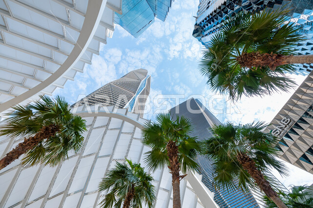 النمو والتطور العمراني لناطحات السحاب والمباني، الفنون والتصاميم الهندسية المعمارية المتطورة للأماكن السياحية في مدينة الرياض, صورة من الاسفل للأبراج المالية والمنشآت الاقتصادية في وقت النهار، مركز الملك عبد الله المالي (كافد)، الاهتمام بزراعة أشجار النخيل