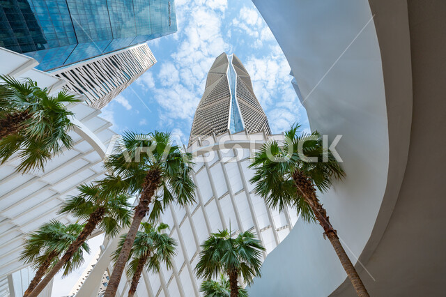 النمو والتطور العمراني لناطحات السحاب والمباني، الفنون والتصاميم الهندسية المعمارية المتطورة للأماكن السياحية في مدينة الرياض, صورة من الاسفل للأبراج المالية والمنشآت الاقتصادية في وقت النهار، مركز الملك عبد الله المالي (كافد)، الاهتمام بزراعة أشجار النخيل