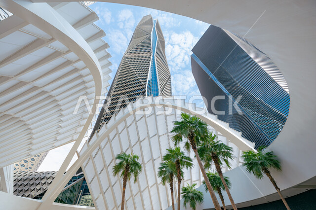 Advanced architectural designs and engineering arts for tourist places in Riyadh, urban growth and development of skyscrapers and buildings, a picture from below of financial towers and economic facilities during the day, King Abdullah Financial District (KAFD), interest in planting palm trees