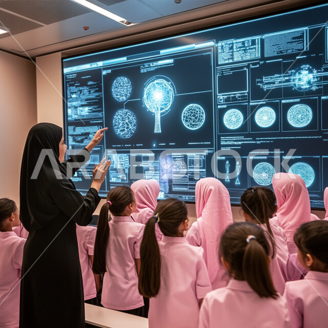 Integrating advanced technology with education, using modern technologies, a picture from the back of a teacher wearing a black abaya standing with a group of female students in the classroom standing in front of an illuminated hologram screen, a technological future vision, the concept of digital transformation