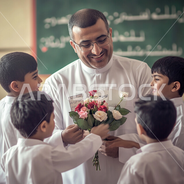 مجموعة من الطلاب يقدمون الورد لمعلمهم, التعليم المتطور في مدارس المملكة, معلم عربي خليجي سعودي يرتدي الثوب التقليدي ويضع النظارات الطبية, الاحتفال بالأعياد والمناسبات الرسمية, خلق جو من الألفة والمحبة بين المدرسة والطالب والمعلم
